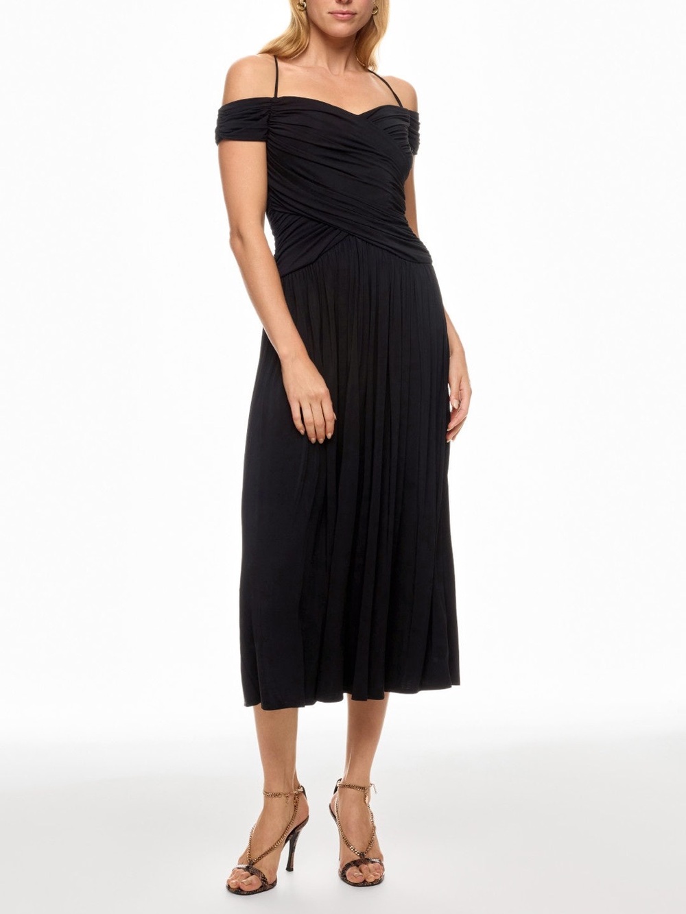 Rosetta Getty Off The Shoulder Ruched Bodice Midi Dress Black Sz 10